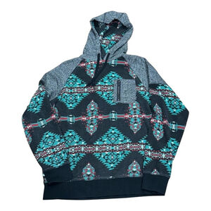 Empyre Surplus Co Hoodie Mens Medium Gray Teal Aztec Pullover Southwest Pattern